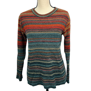 Vtg MONTECARLO‎ Wool Blend Orange Teal Gold Striped Knit Sweater, SZ Small